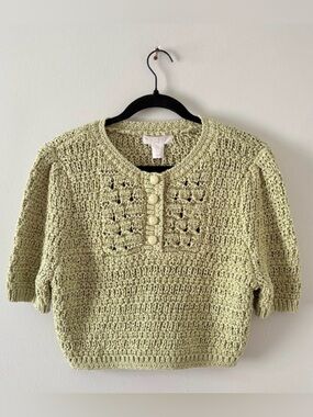 Caroline Constas Light Green Cropped Button Chunky Knit Sweater Size Small NWT